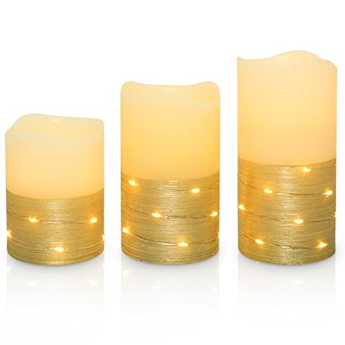 Flickering LED Candle Set with Daily TimerBeMoment Flameless CandlesEmbedded String Lights Stay LitGolden Stripes DecorativeReal WaxBattery PoweredSet of 3(H 456 x D3)