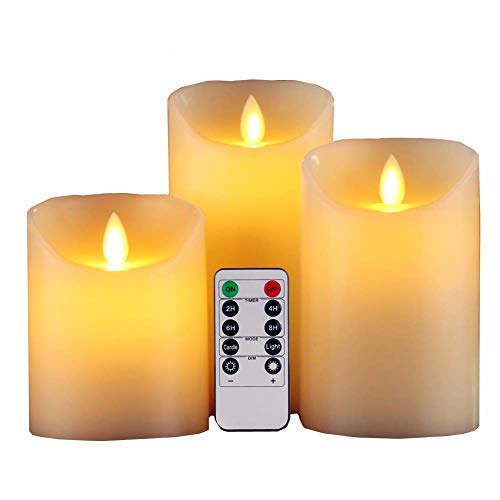 HEIOKEY Electronic LED Candle Set of 3 (4 5 6) Real Wax Moving Wickess LED Flameless Candles Pillar Lights Battery Operated with Timer and Remote Control for Gifts and Decoration(Ivory White)