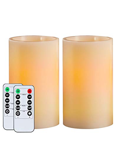 Homemory 5 Wax Flameless Candles Battery Operated LED Pillar Candles with Remote Control  Timer Amber Yellow Flickering Light for Party Wedding Festival (Set of 2 Ivory) Indoor Only