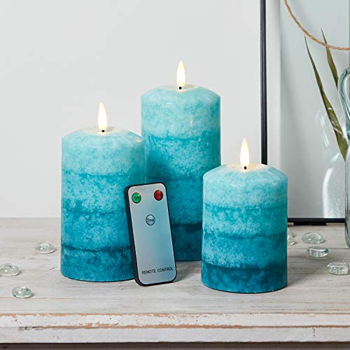 Lights4fun Inc Set of 3 TruGlow Gradient Blue Wax Flameless LED Battery Operated Pillar Candles with Remote Control
