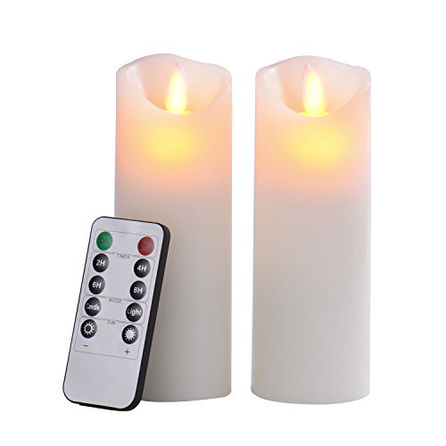 Pandaing Set of 2 BatteryPowered Classic Pillar Real Wax Flameless LED Candles with Timer  10Key Remote Control Ivory Color