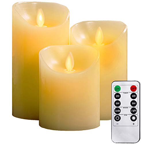 YIWER Flameless Candles 4 5 6 Set of 3 Real Wax Not Plastic Pillars Include Realistic Dancing LED Flames and 10Key Remote Control with 2468hours Timer Function 300 Hours (3 Ivory)