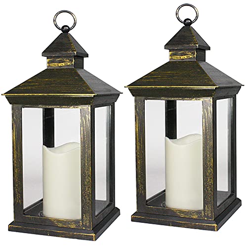 Bright Zeal 2PACK 14 Distressed Gold Waterproof Outdoor Lanterns With LED Candles  Outdoor Battery Operated Hanging Lanterns With Timer  Candle Lanterns Decorative Indoor LED Candle Lantern Set