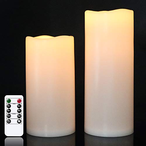 Eldnacele Waterproof Flameless Flickering Candles with Remote Control and Timer Battery Operated White LED Candles Indoor Outdoor Pillar Candles Pack of 2 for Party Wedding Festival  D4x H8 10