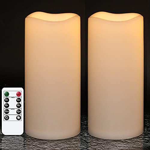 GenSwin Waterproof Outdoor Flameless Candles with Remote Timer Battery Operated Large Flickering LED Pillar Candles for Indoor Outdoor Lanterns Wont melt LongLasting(White Set of 2 8 x 4)