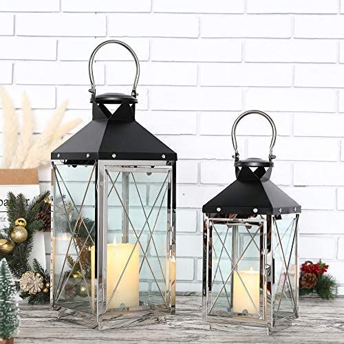 JHY DESIGN Set of 2 Stainless Steel Decorative Candle Lanterns 1914 High Metal Candle Lanterns for Indoor Outdoor Events Parities Weddings Vintage Style Lantern (Silver Body Black Top)
