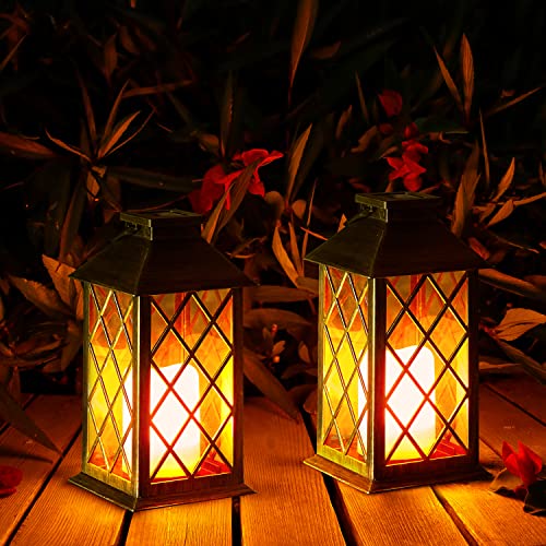 Solar Lantern 2 Pack Hanging Solar Lanterns Outdoor Waterproof LED Lanterns Solar Powered with Handle Flickering Flameless Candle Mission Lights for Garden Patio Yard Pathway Walkway Table Fence