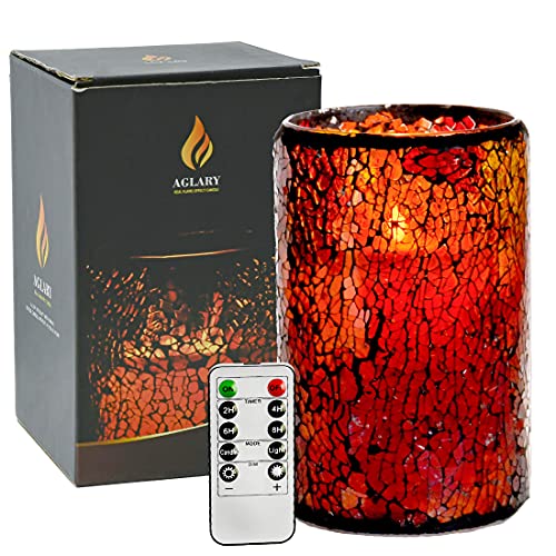 AGLARY Battery Operated Red Mosaic Glass Flameless Candles with Moving Wick LED Pillar Candles with Timer for Home Party Decor Table Centerpieces  5 inch