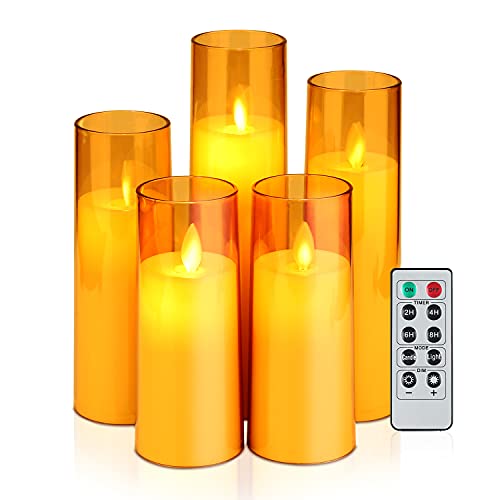 Comenzar Flickering Flameless Candles Battery Operated Candles Set of 5(D2x H55657585) Imitating Glass Acrylic Effect LED Candles Include Realistic Moving Wick with Timer(Dark Brown)