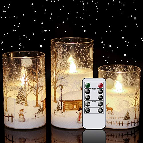 Eldnacele Snowman Glass Flameless Candles with Remote Timer Battery Operated Flickering LED Pillar Candles 3 Pack Warm White Light Christmas Decal Candles Set of 3 (D3 x H 4 5 6)  Snowman