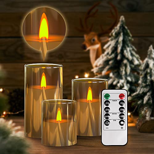 Glass Battery Operated LED Flameless Candles with Remote and Timer Real Wax Candles Warm Color Flickering Light for Festival Wedding Home Party Decor(Pack of 3)Gold