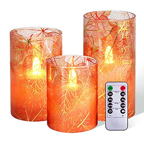 Immeiscent Flickering Flameless CandlesFall Harvest Maple Leaf Glass Candle Battery Candle with TimerRemoteRealistic Pillar Candle for Home Decor Wedding HolidaySet of 3(D3xH456)