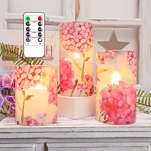 Revelbunny Pink Hydrangea Flameless Candles LED Pillar Candles with Remote Control and Timer Battery Operated Glass Flower Candles for Home Bedroom Wedding Decor Set of 3 (Pink)