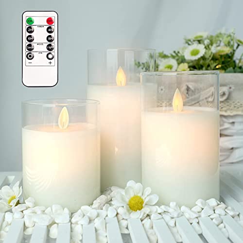 Revelbunny White Flickering Flameless Candles Battery Operated LED Pillar Candles with Remote Timer Real Wax Moving Wick Glass Effect Candles for Festival Bedroom Home Decor Set of 3
