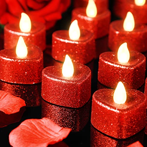 24 Pack Valentines Day Tea Lights Love Heart Led Battery Operated Glitter Flameless Centerpiece Table Decorations Colored Electric Fake Tea Lights Candles for Holiday Wedding Party Decor (Red)