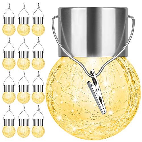 12Pack Hanging Outdoor Solar Lights  Decorative Cracked Glass LED Ball Lights Waterproof Tree Solar Powered Globe Lights with Handle for Garden Yard Patio Fence Christmas Decoration Warm White