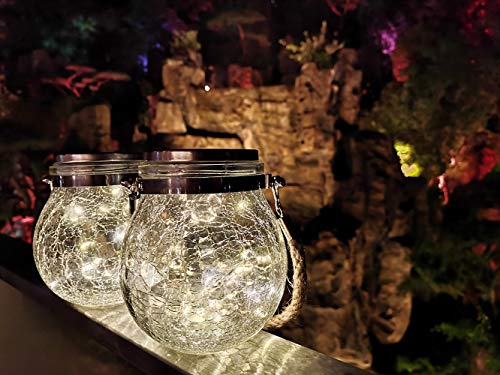 2 Pack Hanging Solar Powered LED LightsCracked Glass Ball Light Waterproof Outdoor Decorative Lantern for Garden Yard Patio Lawn(Warm White)