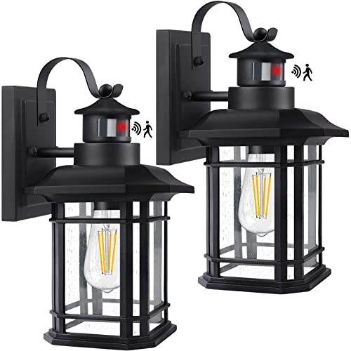 2 Pack Motion Sensor Outdoor Wall Lights Dusk to Dawn Exterior Light Fixtures Wall Mount Matte Black Front Porch Light Anti Rust Wall Lantern with Seed Glass E26 Base for Entryway Hallway Garage