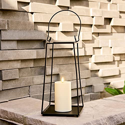 Black Metal Candle Lantern  12 Inch Decorative Lantern with Realistic Flameless Candle Battery Operated Flickering LED Light Open (No Glass) Waterproof for Outdoor Porch or Patio Decor
