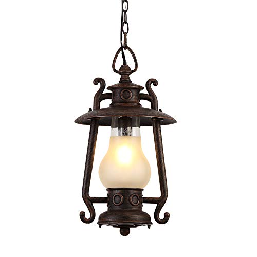 GZBtech Vintage Outdoor Pendant Light 1Light 728 Adjustable Exterior Rust Bronze Hanging Lantern 110V Kerosene Style Farmhouse Ceiling Hanging Lighting with Frosted Glass Shade for Porch