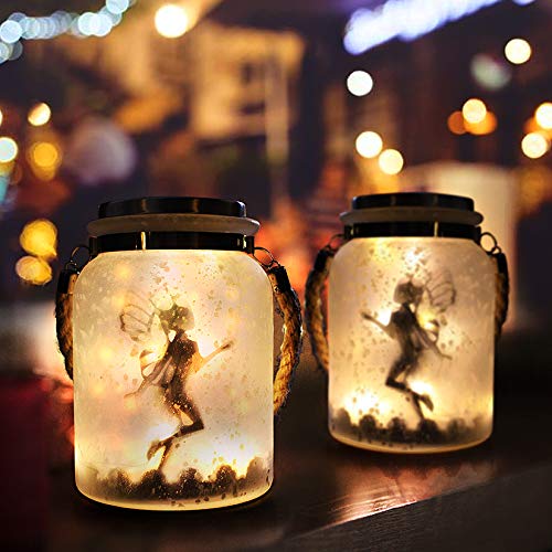 KAIXOXIN 2 Pack Solar Lantern Fairy Lights Ideal for Great Gifts White Frosted Glass Hanging Jar Solar Lights Outdoor Decorative 20 Warm White Mini LED String Lights (Fairy2)