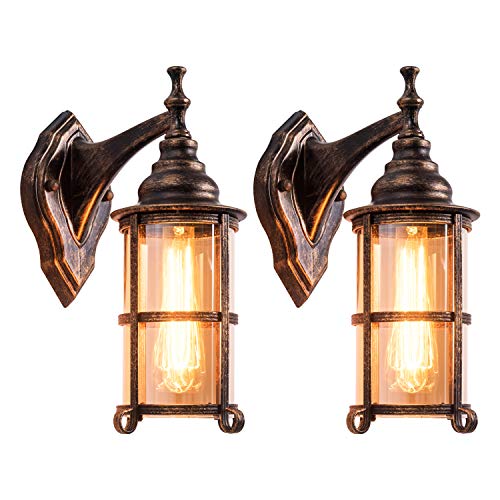 Rustic Outdoor Wall Light Golden Bronze Exterior Wall Sconces Fixture with Amber Glass Shade Industrial Lantern Porch Lighting Waterproof Retro Farmhouse Lamp for Indoor Bedroom Living Room Pack2