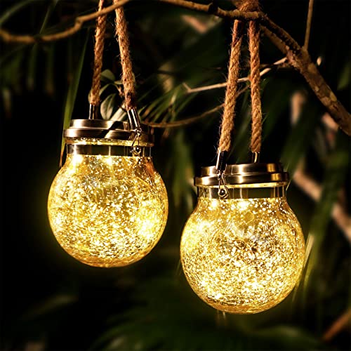 Solar Lantern Outdoor Hanging Solar Lights Crackle Glass Ball with 30 LED Waterproof Warm Light Patio or Garden Decor Globe Lights Solar Powered for Deck Yard (2 Pack)