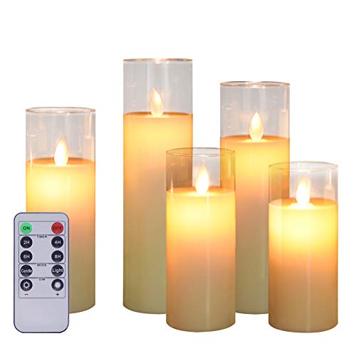 ACROSS Flickering Flameless Candles，5 6 7 8 Pack of 5 Battery Operated Pillar Real Wax Moving Wick LED Glass Candle Sets with Remote Control Timer for Holiday Christmas Wedding Party