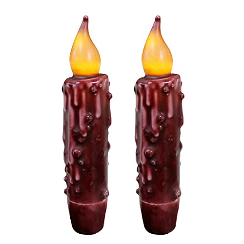 CVHOMEDECO Real Wax Hand Dipped Battery Operated LED Timer Taper Candles Country Primitive Flameless Lights Décor 434 Inch Burgundy 2 PCS in a Package