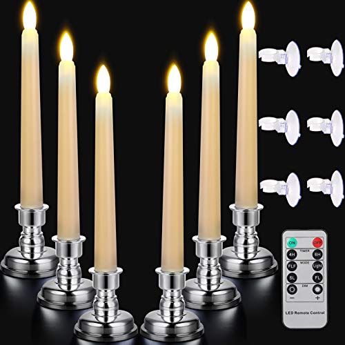 CXMYKE 6PACK 79 LED Taper Candles with Removable Silver Candle Holders  Battery Operated Flameless Window Candles with Remote Timer  Warm White Flicker Light  Perfect for Wedding Birthday Decor