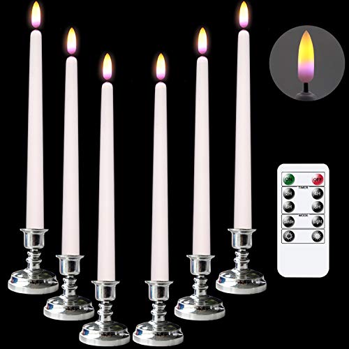 DRomance LED Flameless Flickering Window Candles with 10Key Remote and Timer Battery Operated White 11 Realistic 3D Wick Purple Flame Christmas Thanksgiving Decor Candles(Set of 6 Silver Holders)