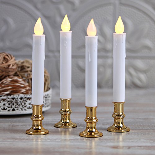 Flameless Taper Window Candles with Gold Removable Holders  Set of 4 Christmas Candlesticks Automatic Timer Remote Control Batteries and Suction Cups Included