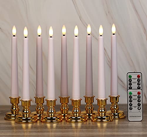 OWLBAY 9 Pack 3D Wick Flameless Window Candles with Remote and Timer 8H Battery Operated Flame Flickering LED Taper Candles with Holders and Suction Cups Ideal for TabletopWeddingParty Decor