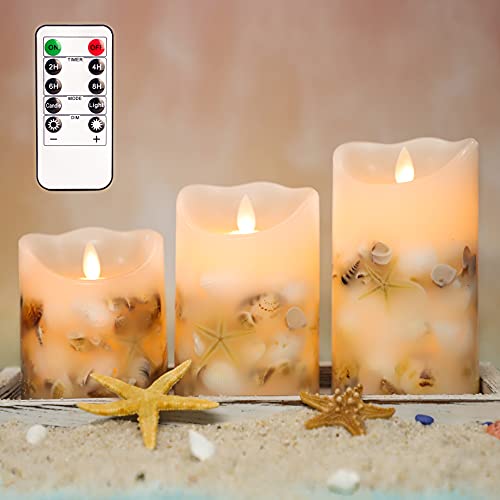 SILVERSTRO LED Flameless Candles (D 325 x H 4 5 6) with Candleholder Nautical Theme Shell Embedded Candles with Remote Battery Operated Candles for Party Wedding Christmas Decor