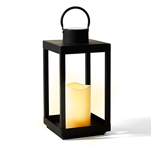 Solar Candle Holder Lantern  14 Inch Tall Matte Black Metal Frame Waterproof Flameless Pillar Candle Dusk to Dawn Timer Large Size for Floor or Patio FallAutumn Decor Battery Included