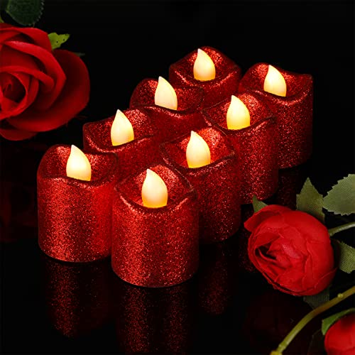 12 Pieces Valentines Day Romantic Flameless Candles Tea Lights Candles Glitter Votive Candles LED Candles Battery Operated Candles for Gold Party Decors Valentines Day Wedding (Glitter Red)