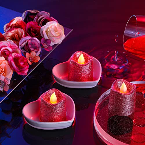 24 Pieces Valentines Day Romantic Flameless Votive Candles Glitter LED Tea Light Candles Battery Operated Candle Fake Candle for Party Decoration Wedding Centerpiece Table Decorations (Pink)