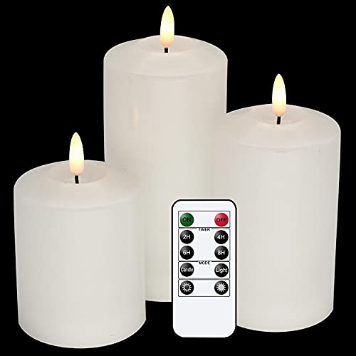 GenSwin 3D Wick Flameless Flickering Candles Battery Operated with Remote Timer Real Wax Pillar LED Votive Candles Warm Light Set of 3 PartyWeddingHome Decor(White D3 x H46 58 68)