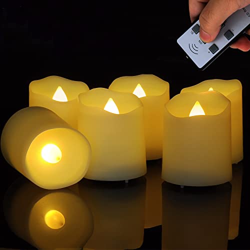 FREEPOWER Realistic Flameless Flickering Tea Light Votives Candles Battery Operated Up to 260 Hours with Remote Control Cycling 24 Hours Timer for Romantic Home Decor Pack of 6