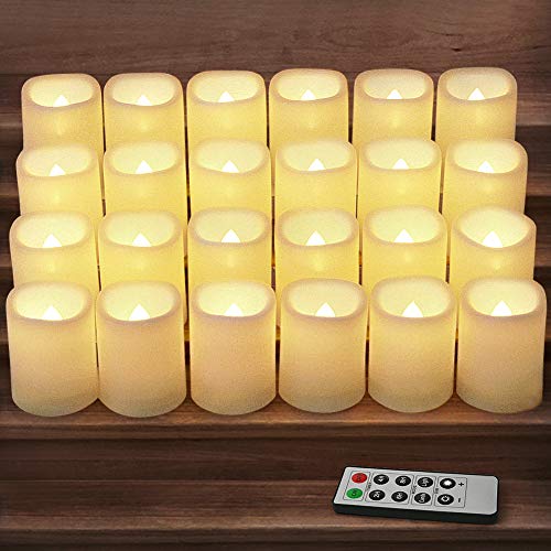 HOME MOST Set of 24 LED Votive Candles with Timer and Remote (Ivory Body with Warm White Glow)  Flickering Flameless Votive Candles Battery Operated  Bulk Rustic Wedding Decorations Reception Table