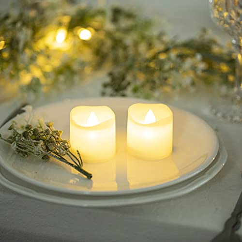 LANKER Flameless Votive Candles with Timer  6 Hours On and 18 Hours Off  Flickering Warm White Lasting 2X Longer Battery Operated Electronic Fake Led Tea Lights Candles with Wave Open  12 Pack