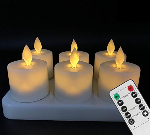 Rechargeable Candles Flameless Flickering Votive CandlesRealistic Moving Wick LED Fake Tealight with Remote  Timer and Charging Base for Decoration Parties Weddings Bar Family Dinner(Set of 6)