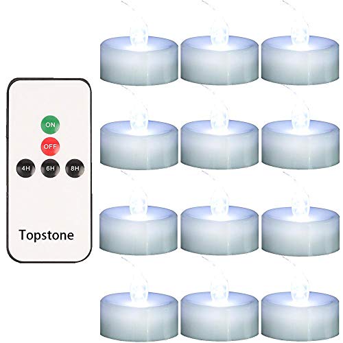 Topstone Remote Controlled LED Tea LightWhite Flickering BulbLong Lasting Battery Operated LED Votive Candle with TimerPack of 12