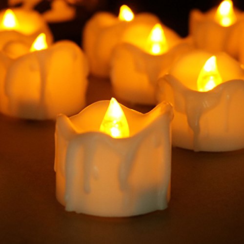 Youngerbaby Set of 12 Amber Yellow Flickering Flameless Candles with Timer LED Tea Light Timing (6Hrs ON 18Hrs OFF) Small Wax Dripped Battery Operated Tealights for Christmas Party Thanksgiving Day