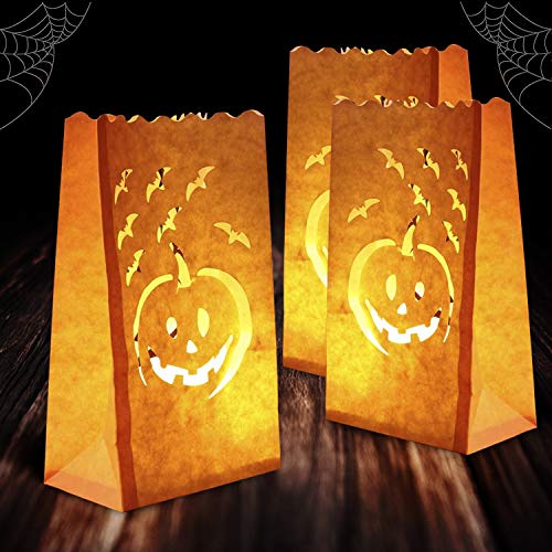 Homemory 24 Pack Halloween Luminary Bags Flame Resistant Luminaries Orange Tea Light Candle Bags for Halloween Decoration Parties Fall Festival