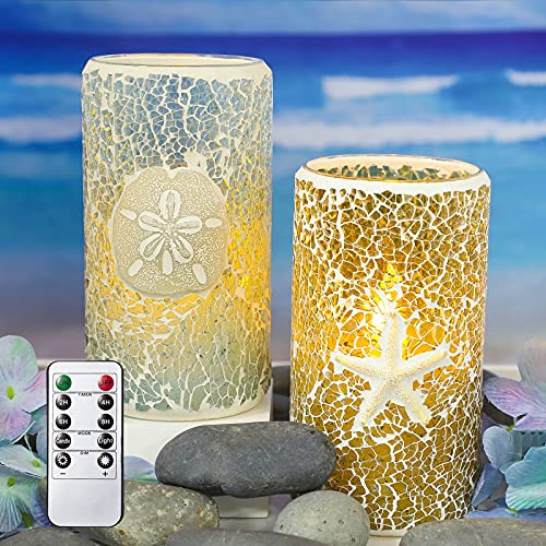 Immeiscent Mosaic Glass Flameless Candles Starfish Sanddollar Flickering Candles Handmade Pillar Candle with RemoteTimer for Home Decor Weddings Party and Gift (Set of 2)