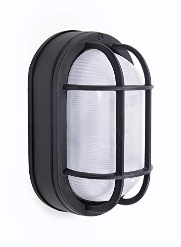 CORAMDEO Outdoor 85 Oval LED Nautical Bulkhead Light Flush Mount for Wall or Ceiling Wet Location 75W of Light 800 Lumens 3K Black Cast Aluminum with Frosted Glass Lens