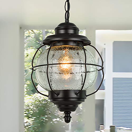 LALUZ Outdoor Pendant Lights Farmhouse Ceiling Hanging Porch Fixture in Black Metal with Clear Bubbled Glass Globe in Iron Cage Frame Exterior Lantern for Gazebo Entryway Patio