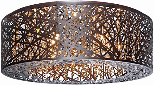 ET2 E2130110BZ Inca Modern Metal Web Lasercut sheath with Crystal Drum Flush Mount Ceiling Lighting 9Light Xenon 360 Watts 9H x 24W Bronze