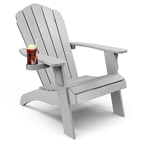 YEFU Oversized Plastic Adirondack Chair with CupHolder (Large DualPurpose) Weather Resistant Poly Lumber Outdoor Chairs Duty Rating Widely Used in Patio Lawn Outside Deck Garden ChairsGrey